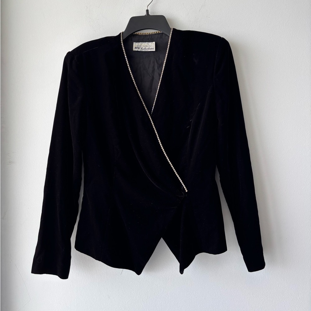 VTG Shuet Young Blazer Velvet Black Rhinestone Trim Wrap V Neck Womens 9/10 USA